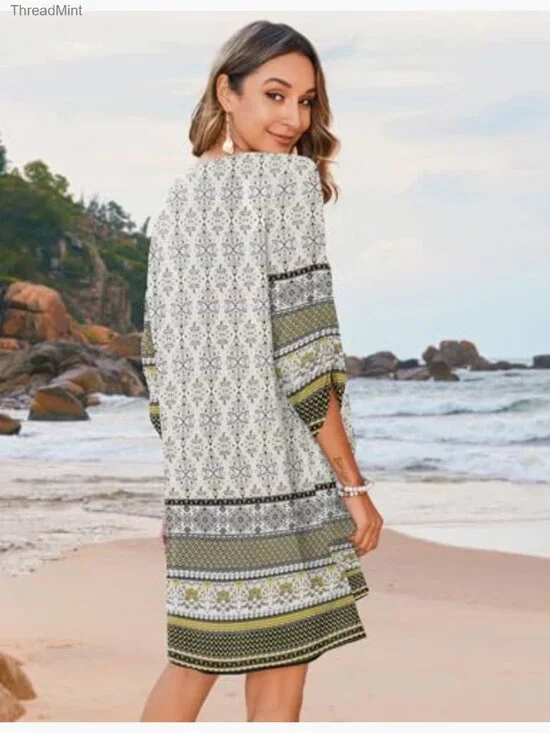 Rayon Boho Floral Mini Dress 3/4 Sleeve Tassel Tie Neck Casual Beach - Picture 3 of 7